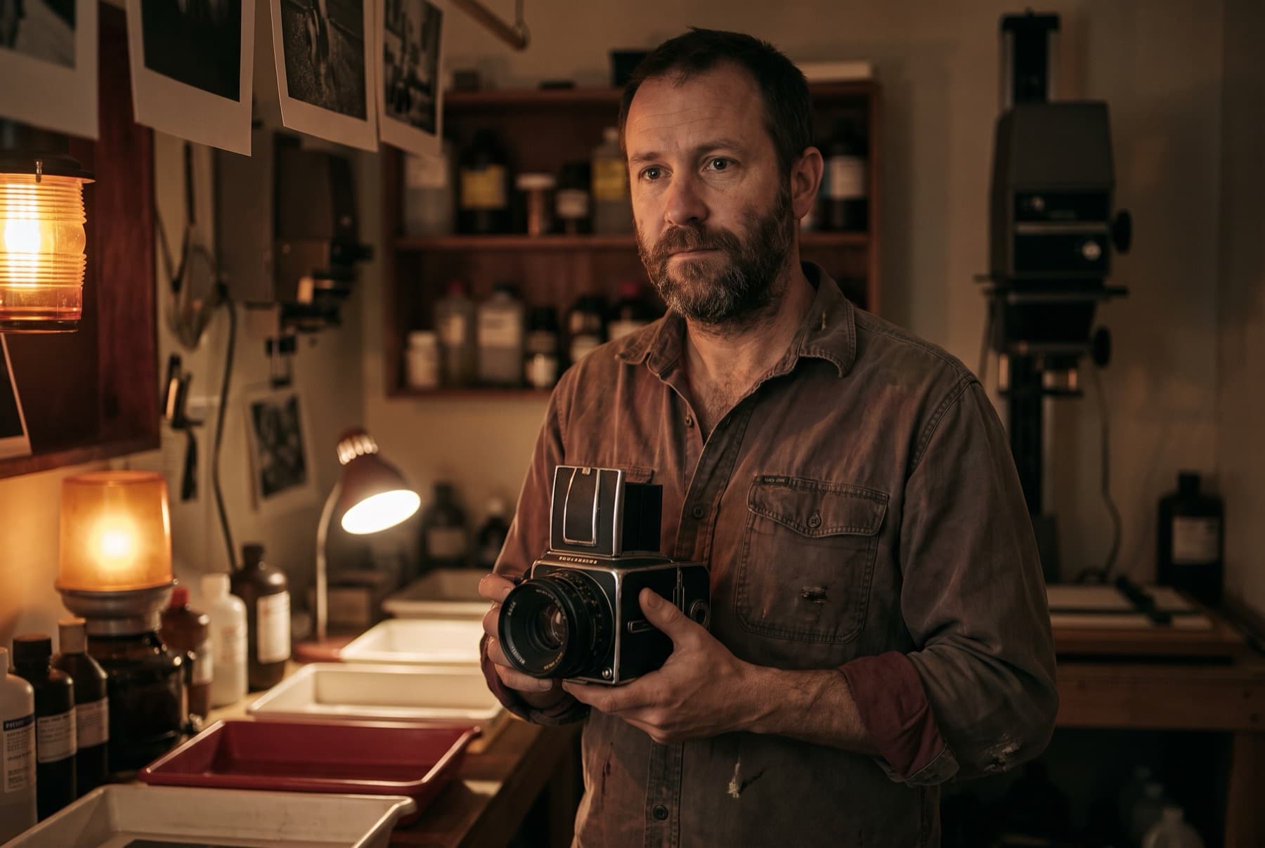 Portrét fotografa s fotoaparátem v temné komoře